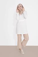 Tesettür giyim KREM KAPÜŞONLU FERMUAR DETAYLI İKİLİ PANTOLONLU TAKIM 0020