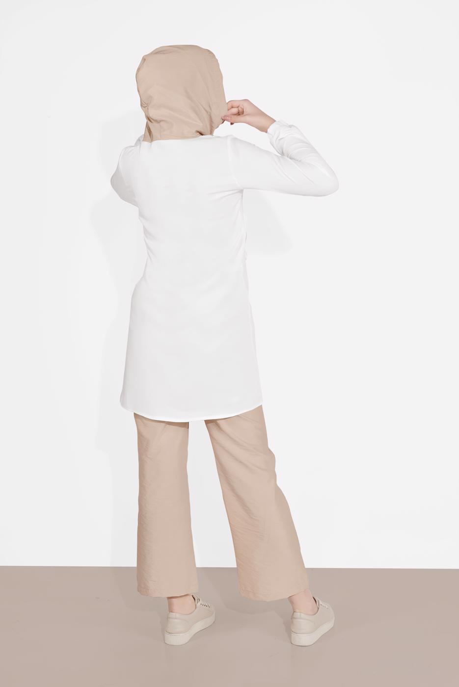 Tesettür giyim KREM KAPÜŞONLU FERMUAR DETAYLI İKİLİ PANTOLONLU TAKIM 0020