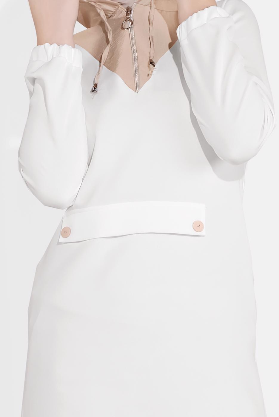 Tesettür giyim KREM KAPÜŞONLU FERMUAR DETAYLI İKİLİ PANTOLONLU TAKIM 0020