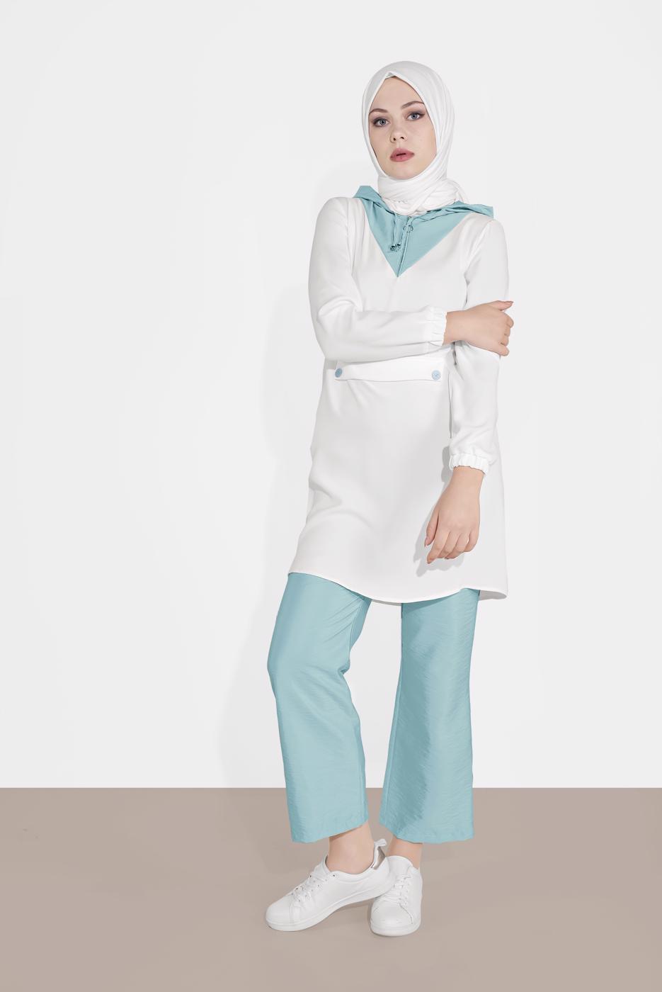 Tesettür giyim KREM KAPÜŞONLU FERMUAR DETAYLI İKİLİ PANTOLONLU TAKIM 0020