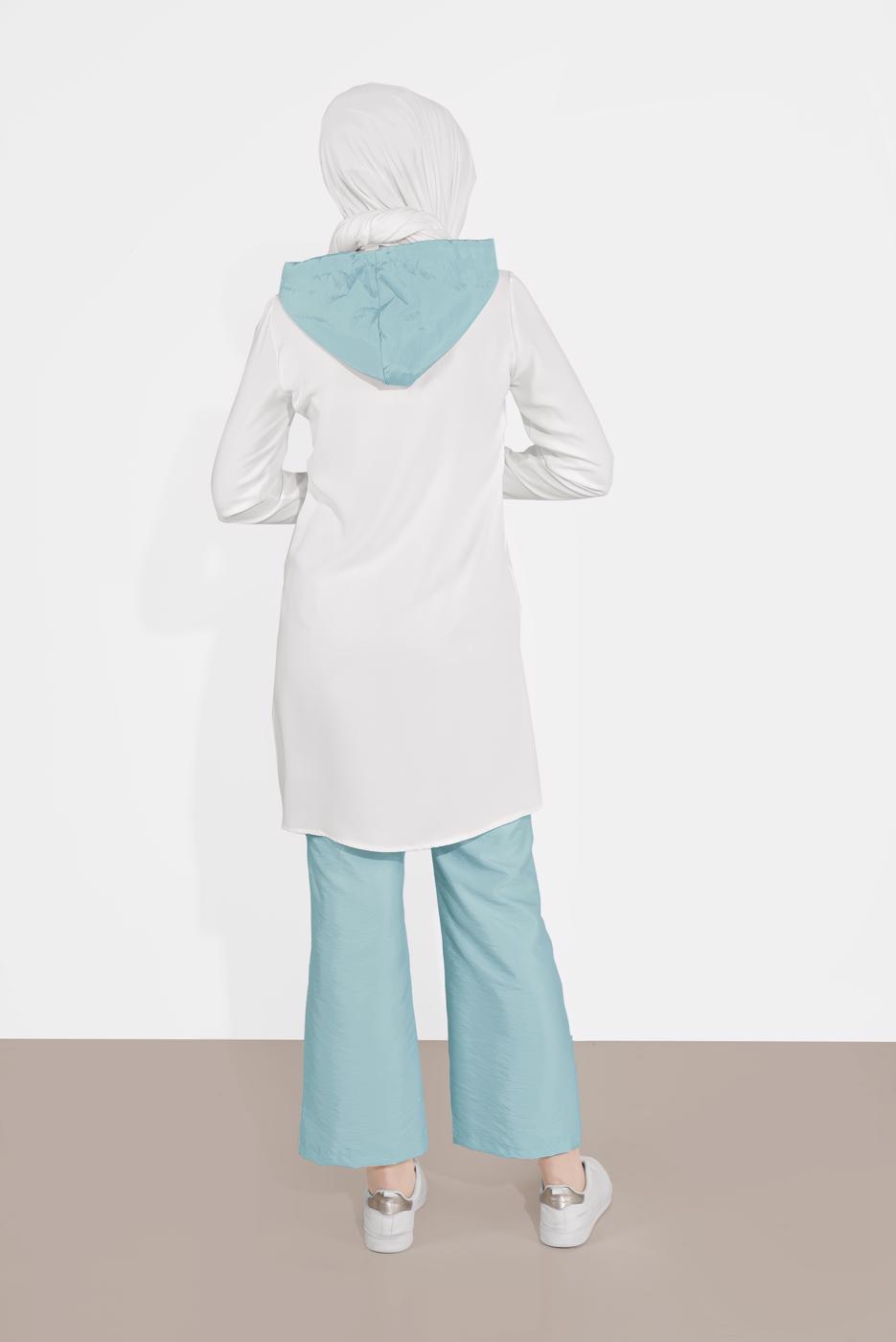 Tesettür giyim KREM KAPÜŞONLU FERMUAR DETAYLI İKİLİ PANTOLONLU TAKIM 0020