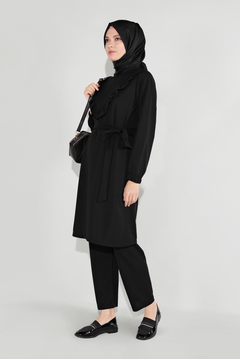 Tesettür giyim SİYAH FIRFIRLI KUŞAKLI PANTOLON TAKIM 0136
