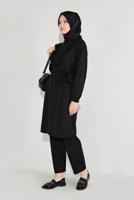 Tesettür giyim SİYAH FIRFIRLI KUŞAKLI PANTOLON TAKIM 0136