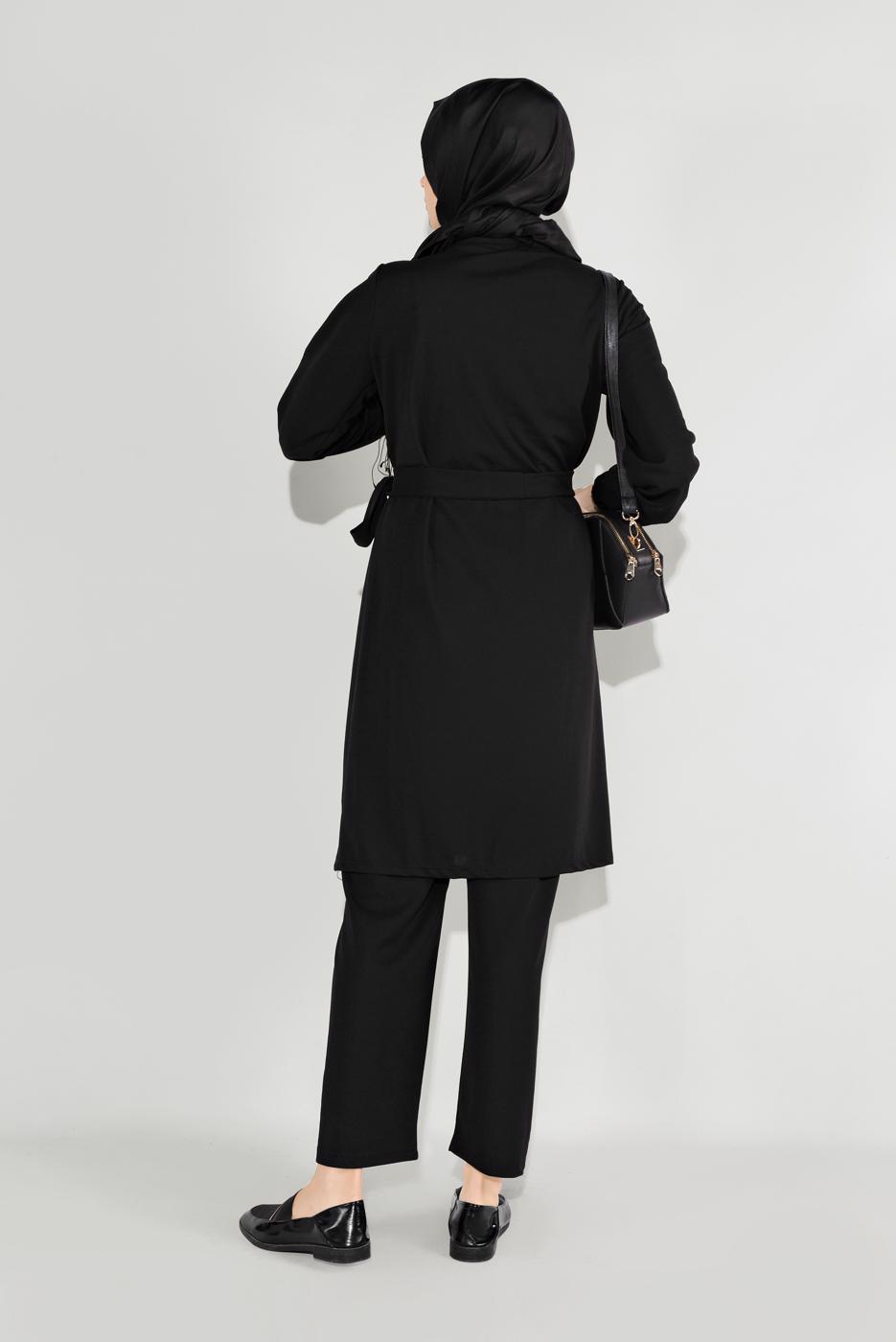 Tesettür giyim SİYAH FIRFIRLI KUŞAKLI PANTOLON TAKIM 0136