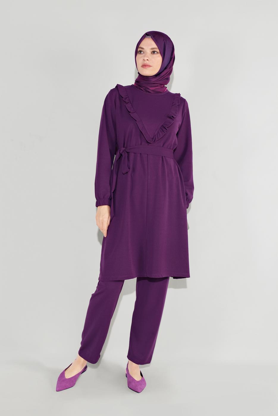 Tesettür giyim MOR FIRFIRLI KUŞAKLI PANTOLON TAKIM 0136