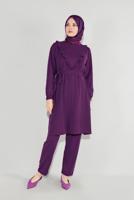 Tesettür giyim MOR FIRFIRLI KUŞAKLI PANTOLON TAKIM 0136