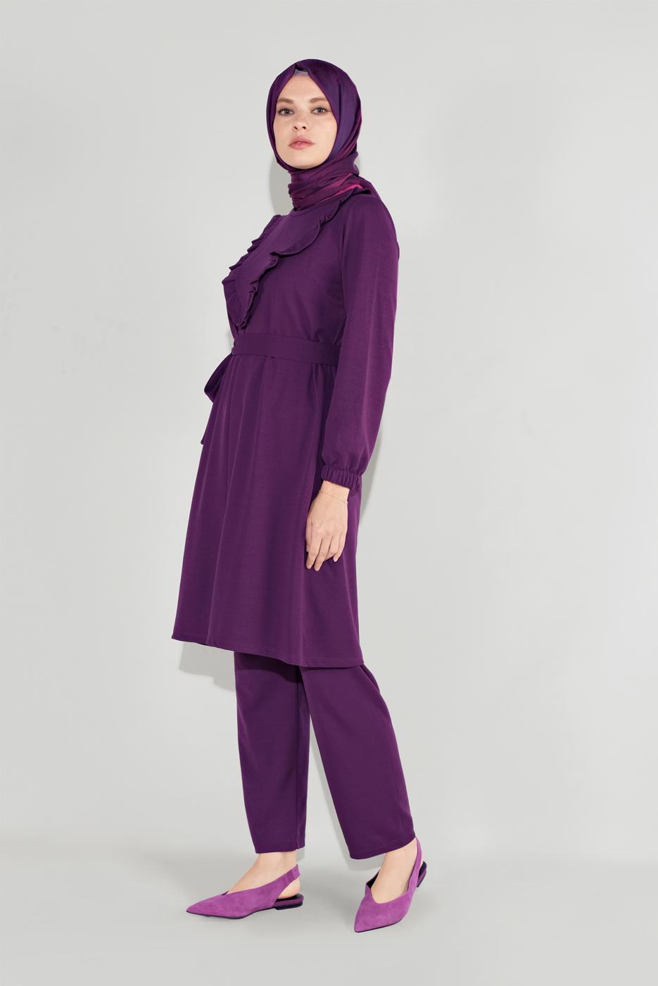 Tesettür giyim MOR FIRFIRLI KUŞAKLI PANTOLON TAKIM 0136
