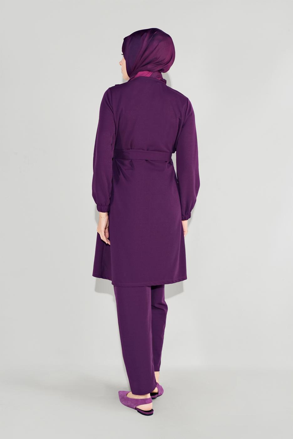 Tesettür giyim MOR FIRFIRLI KUŞAKLI PANTOLON TAKIM 0136