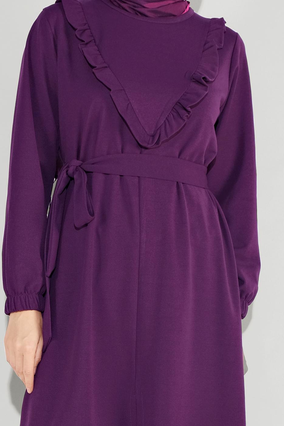 Tesettür giyim MOR FIRFIRLI KUŞAKLI PANTOLON TAKIM 0136