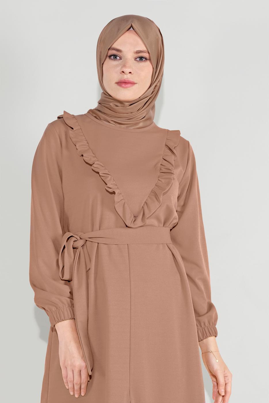 Tesettür giyim KAHVE FIRFIRLI KUŞAKLI PANTOLON TAKIM 0136