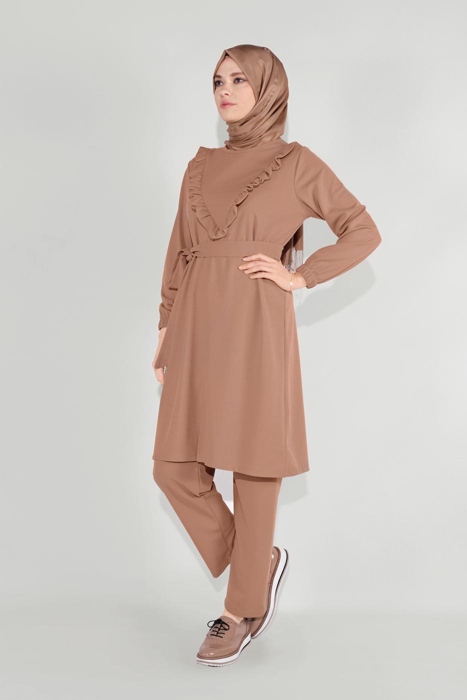 Tesettür giyim KAHVE FIRFIRLI KUŞAKLI PANTOLON TAKIM 0136