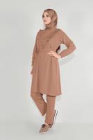 Tesettür giyim KAHVE FIRFIRLI KUŞAKLI PANTOLON TAKIM 0136
