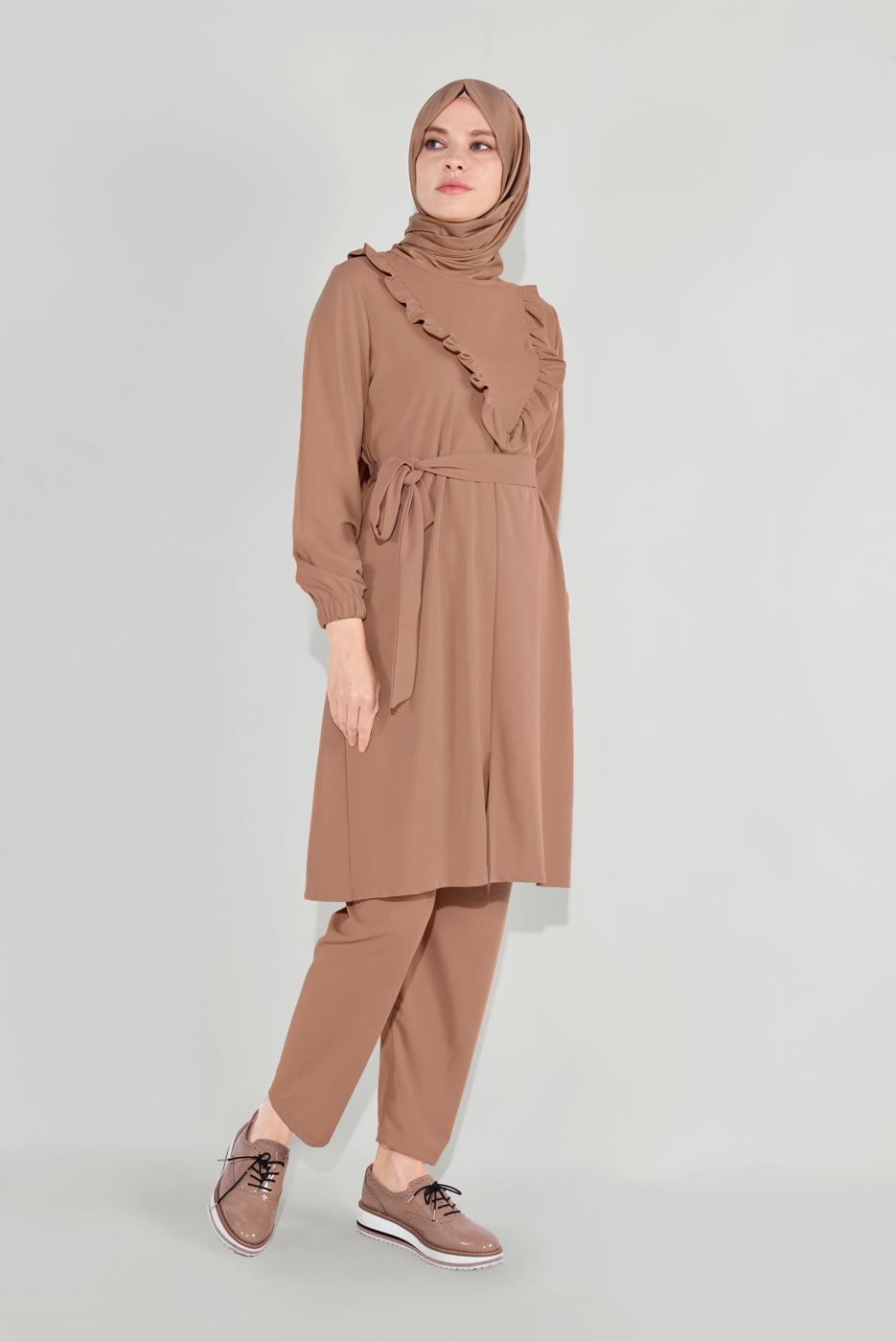 Tesettür giyim KAHVE FIRFIRLI KUŞAKLI PANTOLON TAKIM 0136