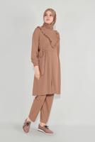 Tesettür giyim KAHVE FIRFIRLI KUŞAKLI PANTOLON TAKIM 0136