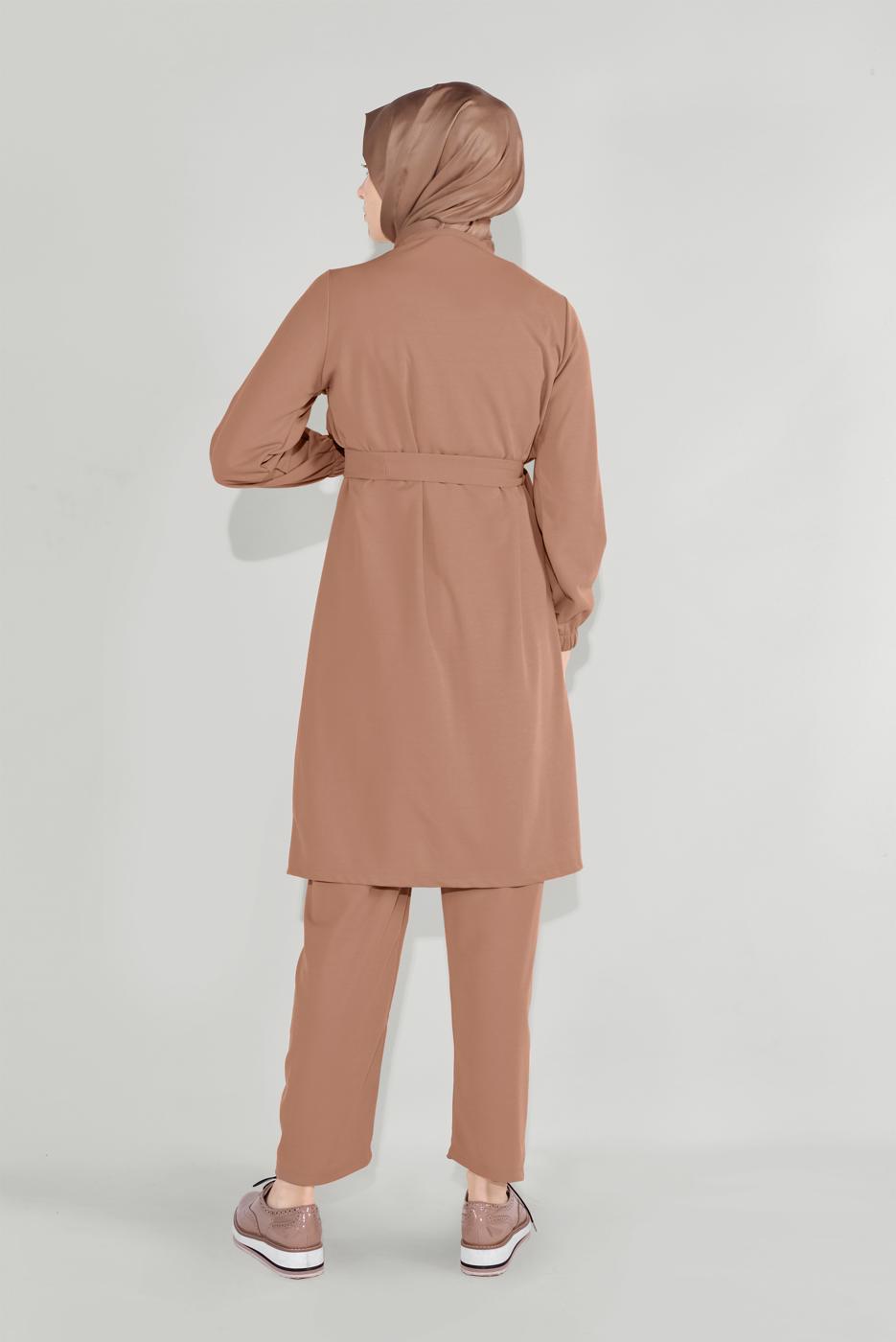 Tesettür giyim KAHVE FIRFIRLI KUŞAKLI PANTOLON TAKIM 0136