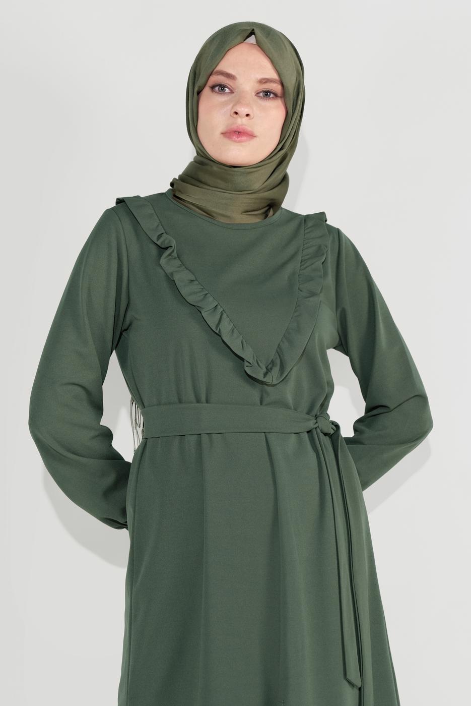 Tesettür giyim HAKİ FIRFIRLI KUŞAKLI PANTOLON TAKIM 0136