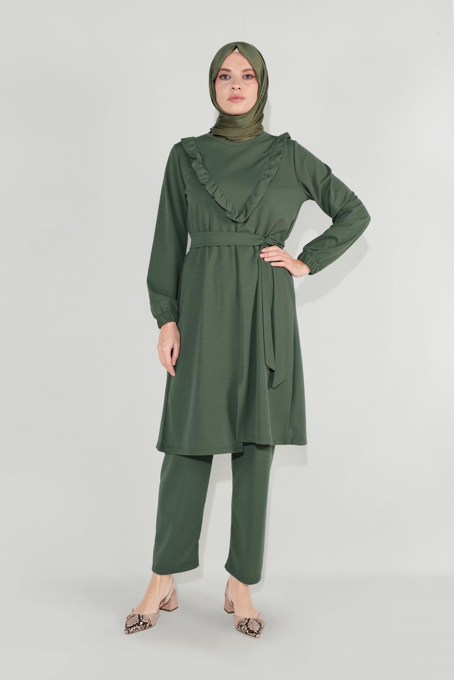 Tesettür giyim HAKİ FIRFIRLI KUŞAKLI PANTOLON TAKIM 0136