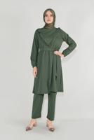 Tesettür giyim HAKİ FIRFIRLI KUŞAKLI PANTOLON TAKIM 0136