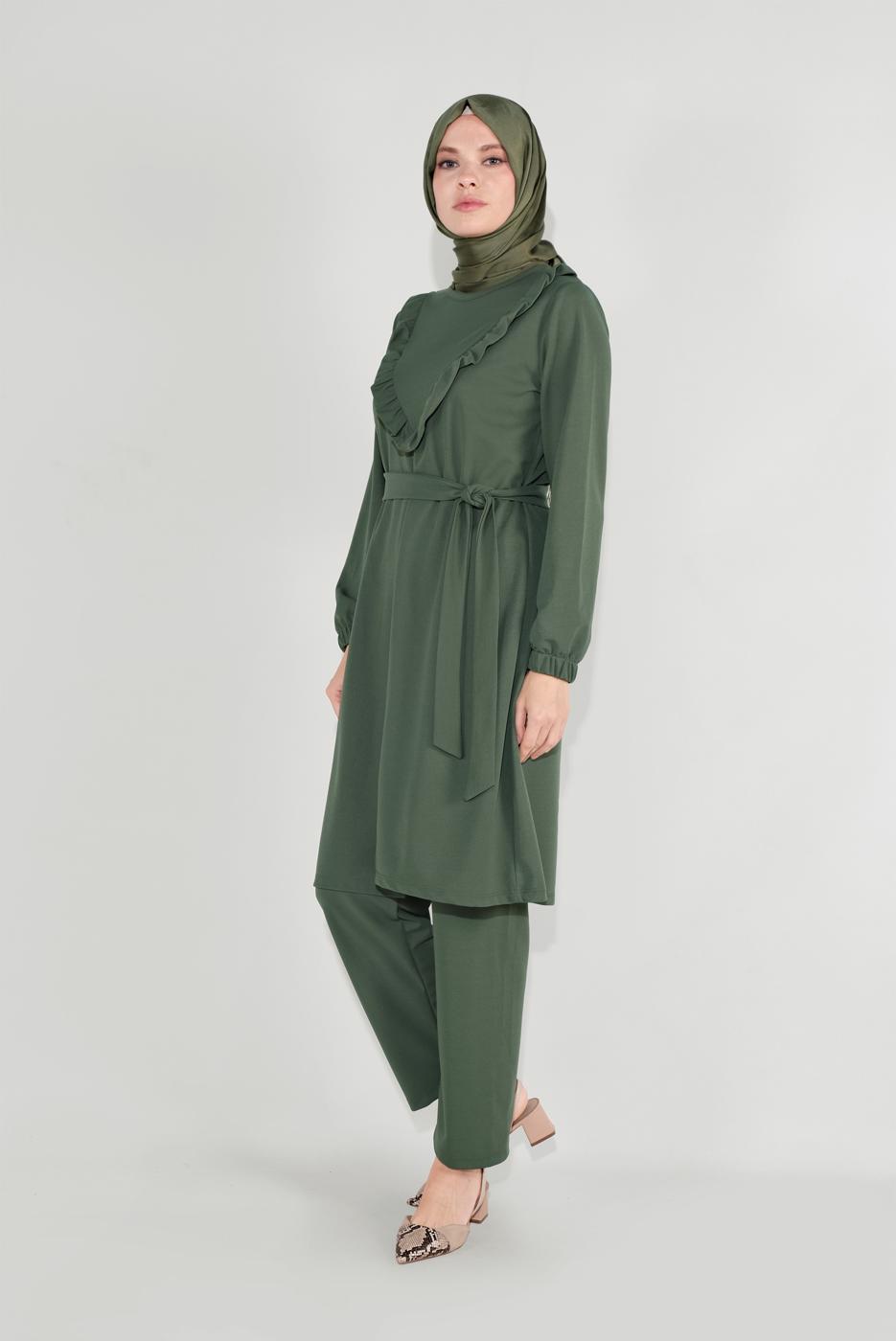 Tesettür giyim HAKİ FIRFIRLI KUŞAKLI PANTOLON TAKIM 0136