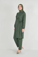 Tesettür giyim HAKİ FIRFIRLI KUŞAKLI PANTOLON TAKIM 0136