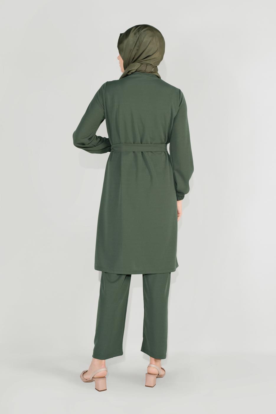 Tesettür giyim HAKİ FIRFIRLI KUŞAKLI PANTOLON TAKIM 0136