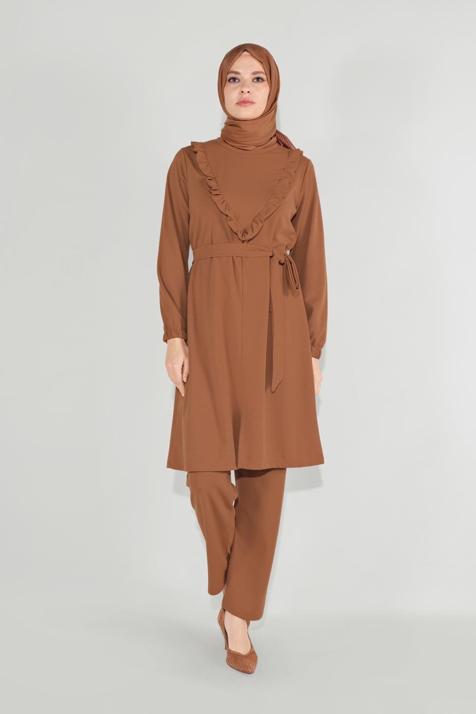 Tesettür giyim TABA FIRFIRLI KUŞAKLI PANTOLON TAKIM 0136