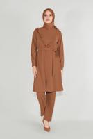 Tesettür giyim TABA FIRFIRLI KUŞAKLI PANTOLON TAKIM 0136