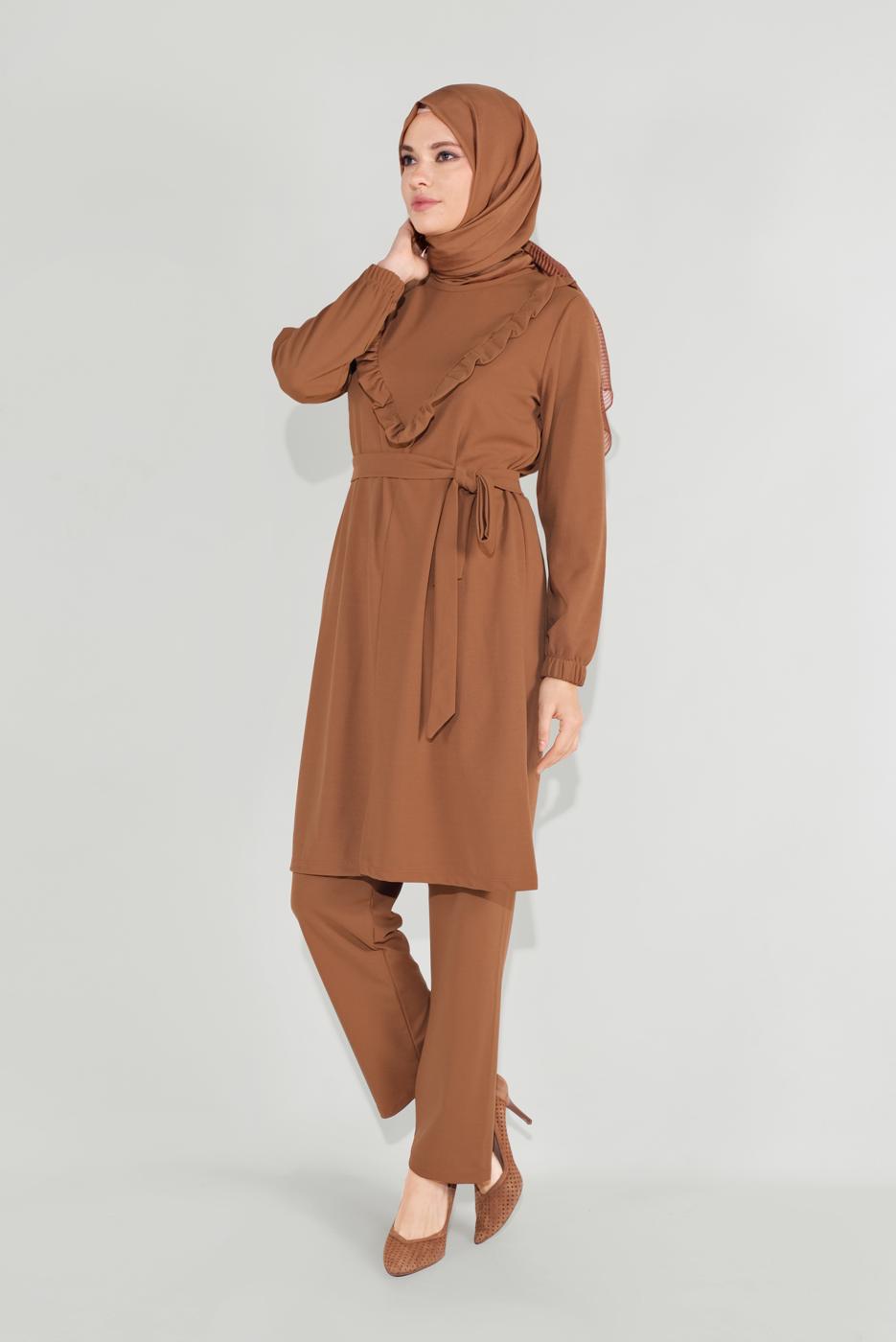 Tesettür giyim TABA FIRFIRLI KUŞAKLI PANTOLON TAKIM 0136