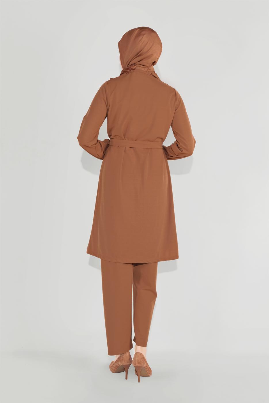 Tesettür giyim TABA FIRFIRLI KUŞAKLI PANTOLON TAKIM 0136