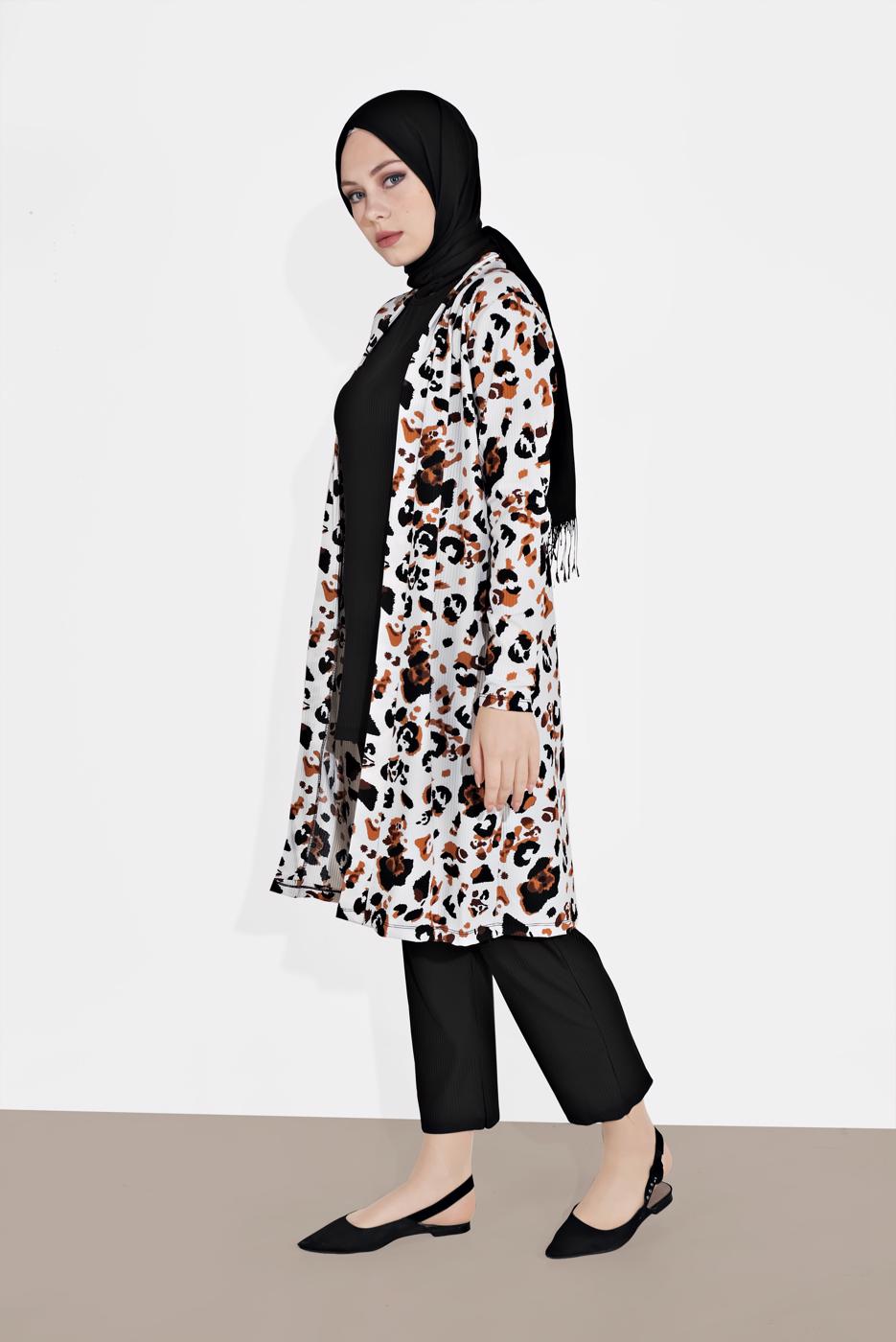 Tesettür giyim KREM FİTİLLİ DESENLİ 3&prime;LÜ PANTOLONLU TAKIM 0516