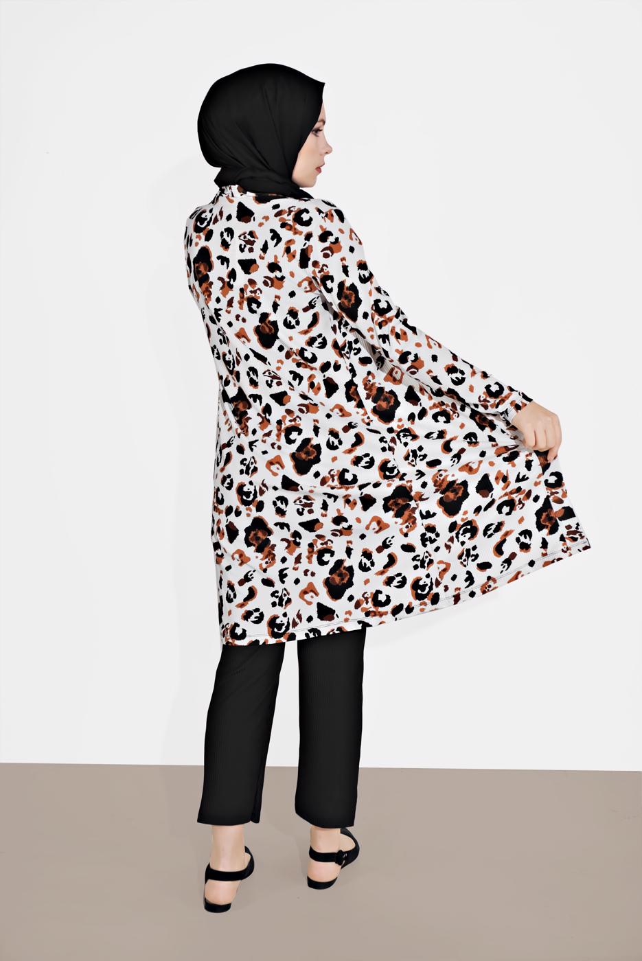 Tesettür giyim KREM FİTİLLİ DESENLİ 3&prime;LÜ PANTOLONLU TAKIM 0516