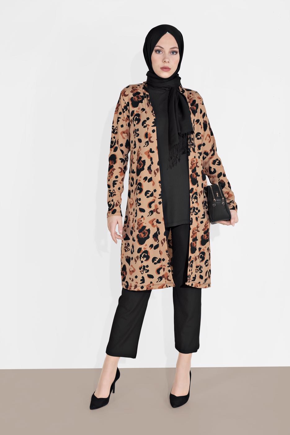 Tesettür giyim KAHVE FİTİLLİ DESENLİ 3&prime;LÜ PANTOLONLU TAKIM 0516