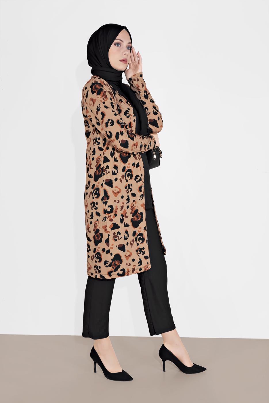Tesettür giyim KAHVE FİTİLLİ DESENLİ 3&prime;LÜ PANTOLONLU TAKIM 0516