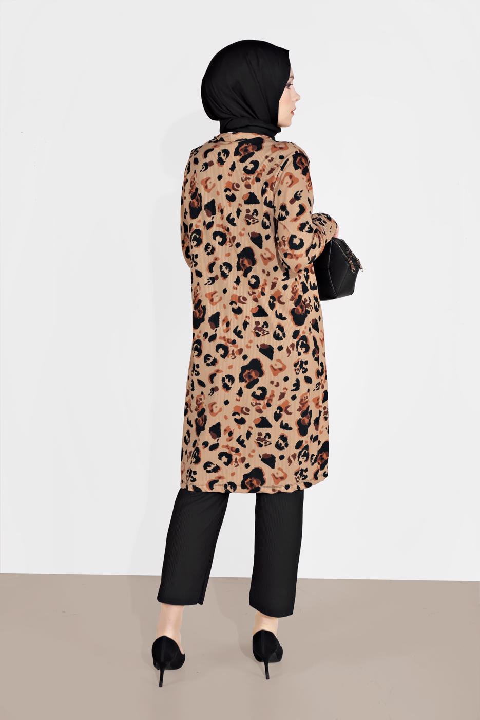 Tesettür giyim KAHVE FİTİLLİ DESENLİ 3&prime;LÜ PANTOLONLU TAKIM 0516