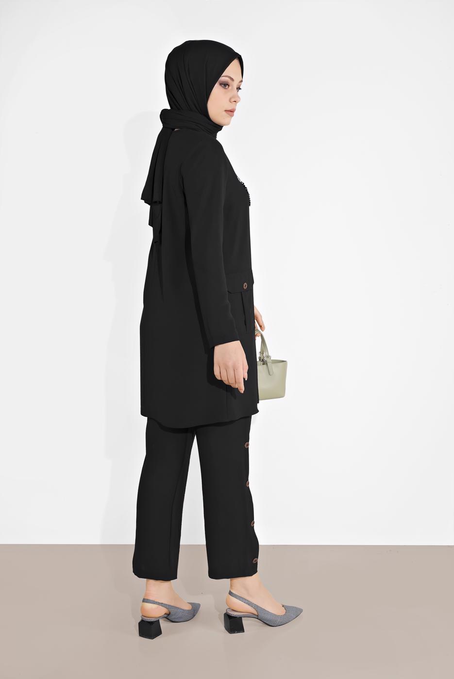 Tesettür giyim SİYAH DÜĞMELİ CEPLİ PANTOLONLU TAKIM 0555