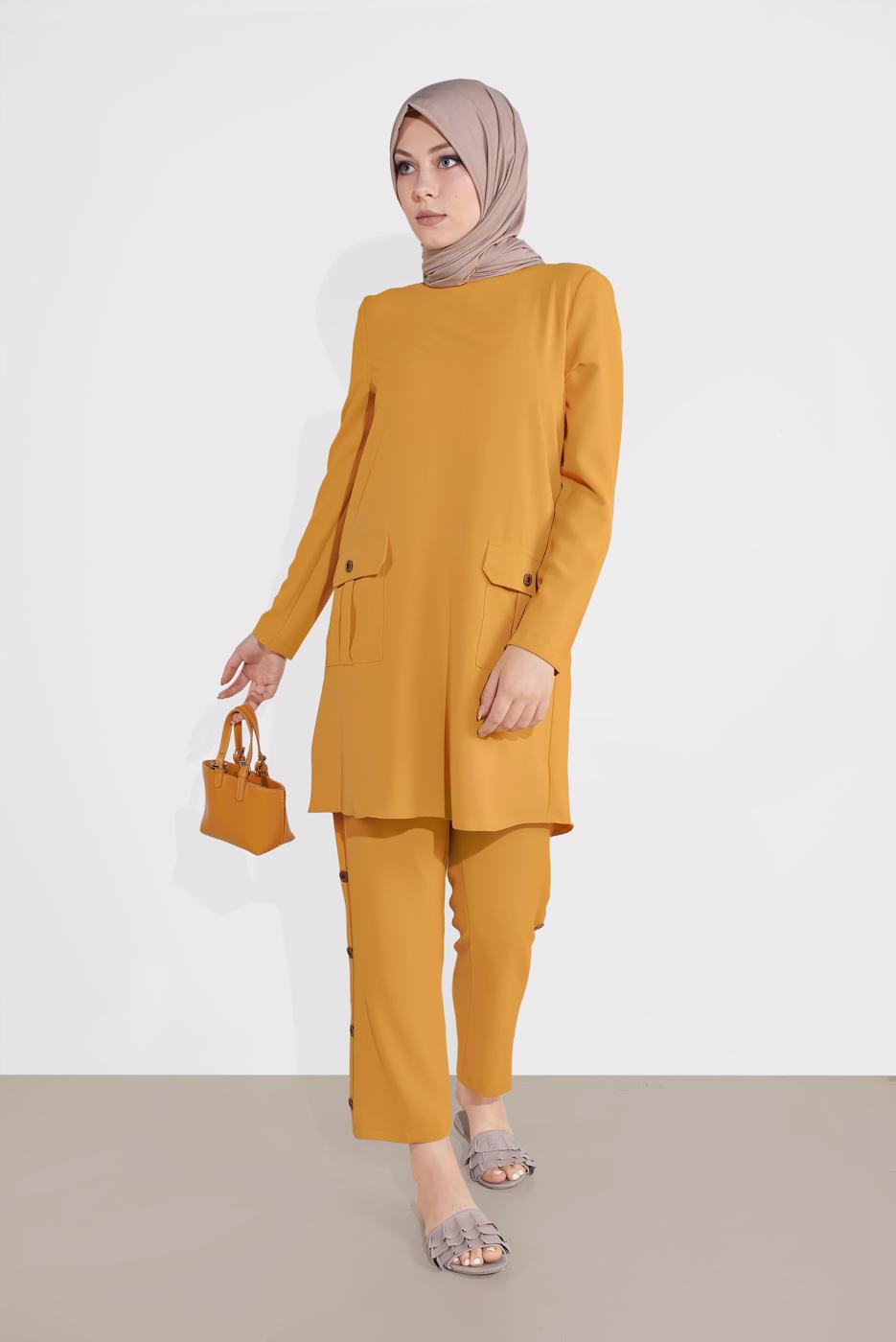 Tesettür giyim TURUNCU DÜĞMELİ CEPLİ PANTOLONLU TAKIM 0555