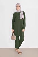 Tesettür giyim HAKİ DÜĞMELİ CEPLİ PANTOLONLU TAKIM 0555