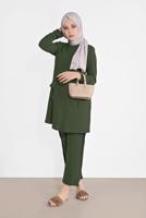 Tesettür giyim HAKİ DÜĞMELİ CEPLİ PANTOLONLU TAKIM 0555