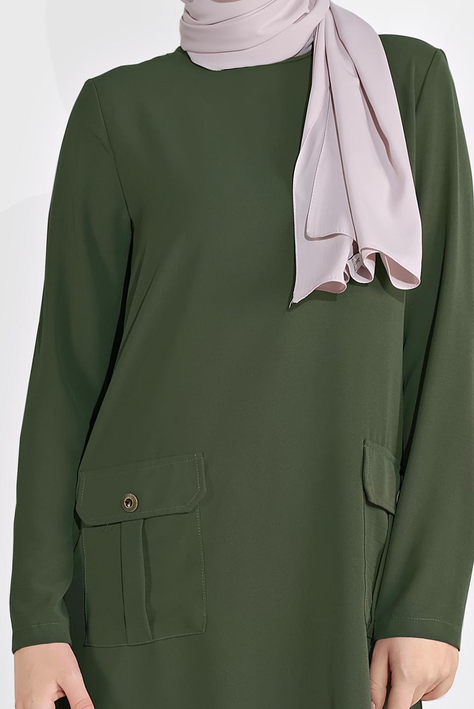Tesettür giyim HAKİ DÜĞMELİ CEPLİ PANTOLONLU TAKIM 0555