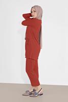 Tesettür giyim KAHVE DÜĞMELİ CEPLİ PANTOLONLU TAKIM 0555