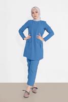 Tesettür giyim MAVİ DÜĞMELİ CEPLİ PANTOLONLU TAKIM 0555