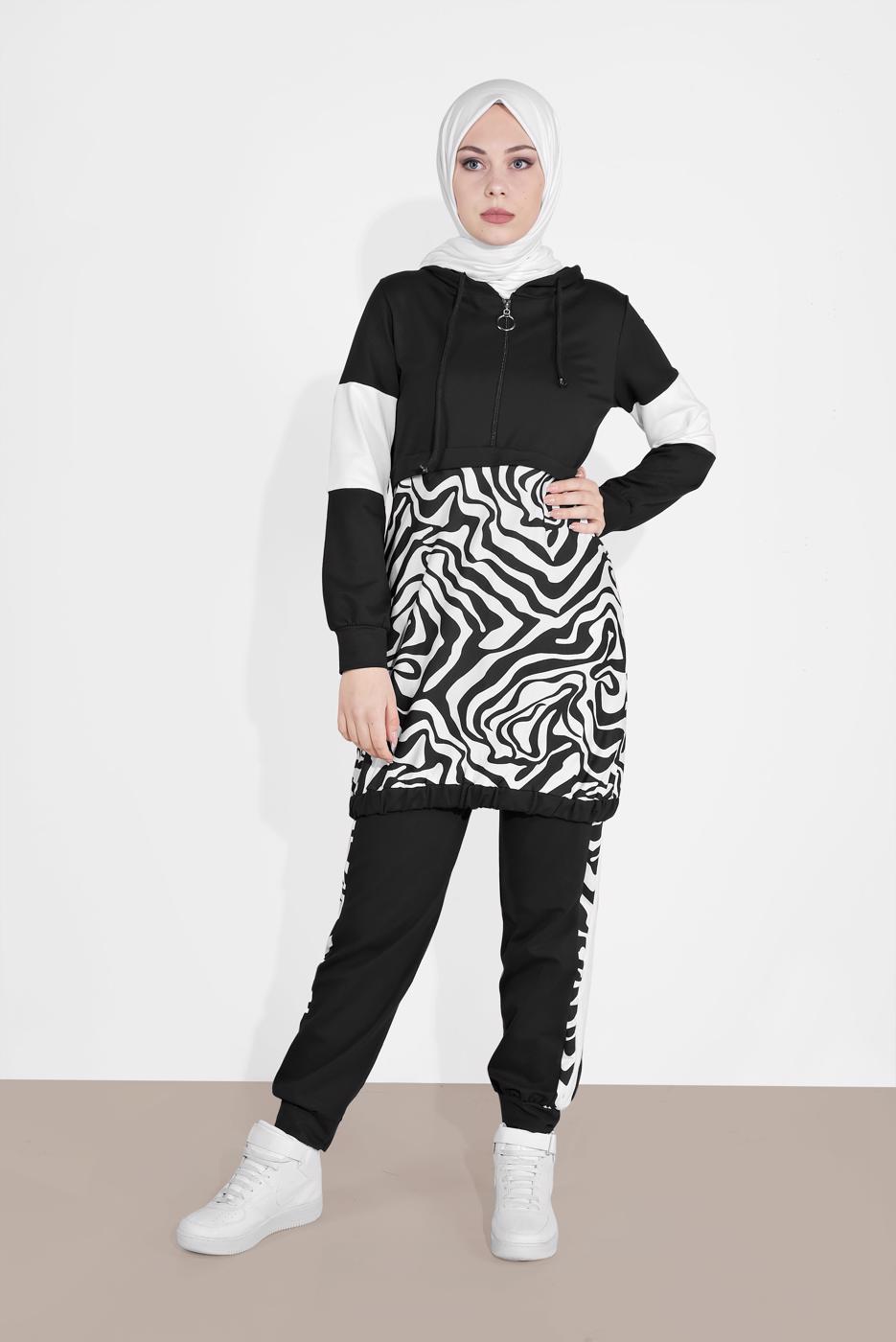 Tesettür giyim SİYAH ZEBRA DESENLİ PANTOLONLU TAKIM  0606 