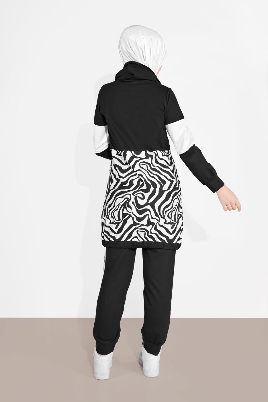 Tesettür giyim SİYAH ZEBRA DESENLİ PANTOLONLU TAKIM  0606 