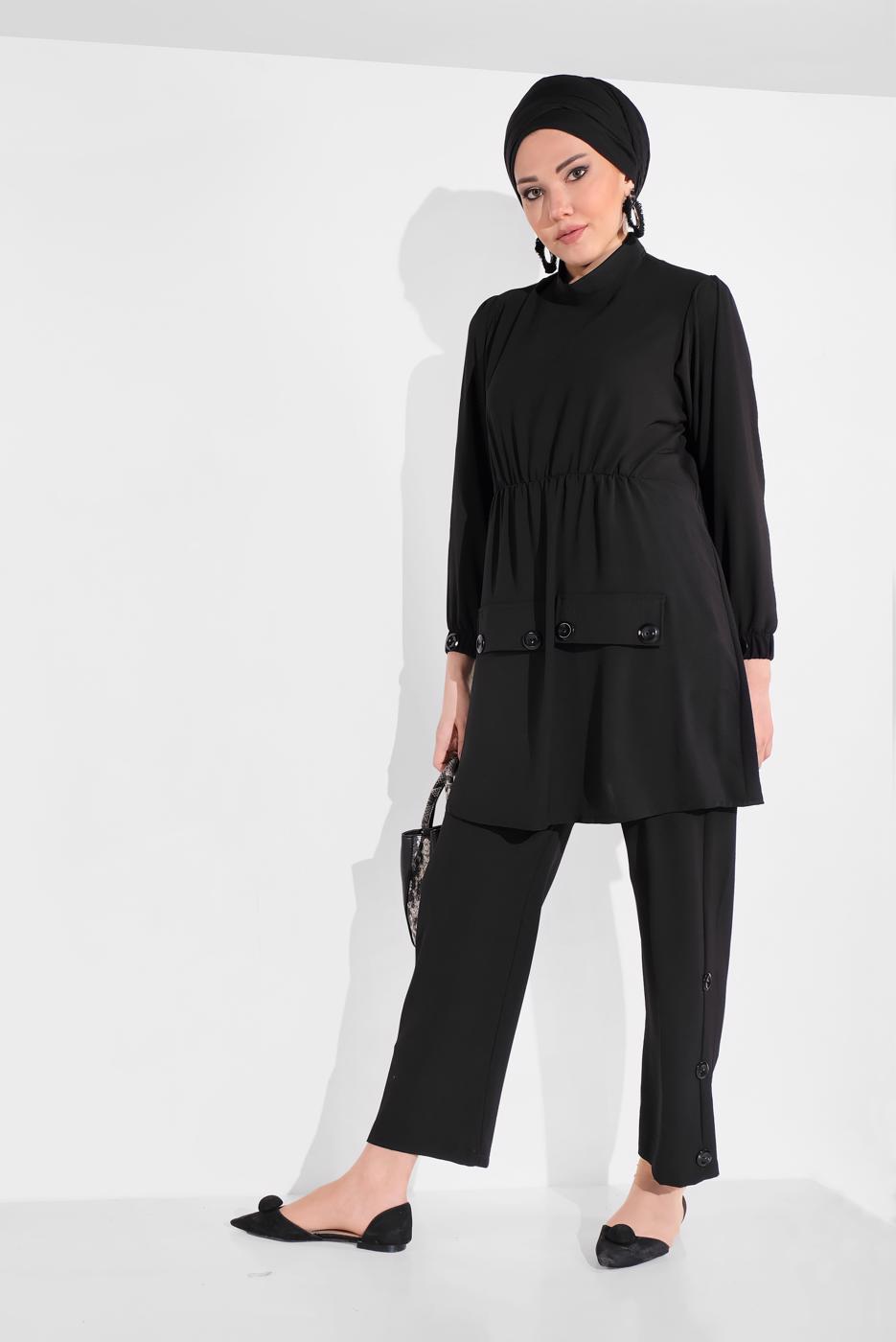 Tesettür giyim SİYAH DÜĞME AKSESUARLI İKİLİ PANTOLONLU TAKIM 0707