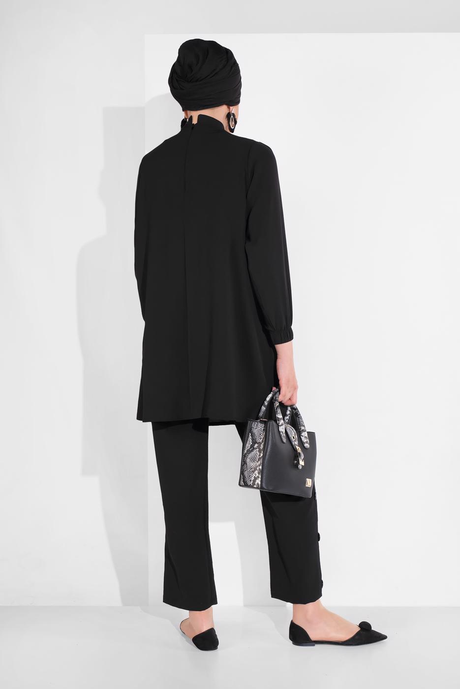 Tesettür giyim SİYAH DÜĞME AKSESUARLI İKİLİ PANTOLONLU TAKIM 0707