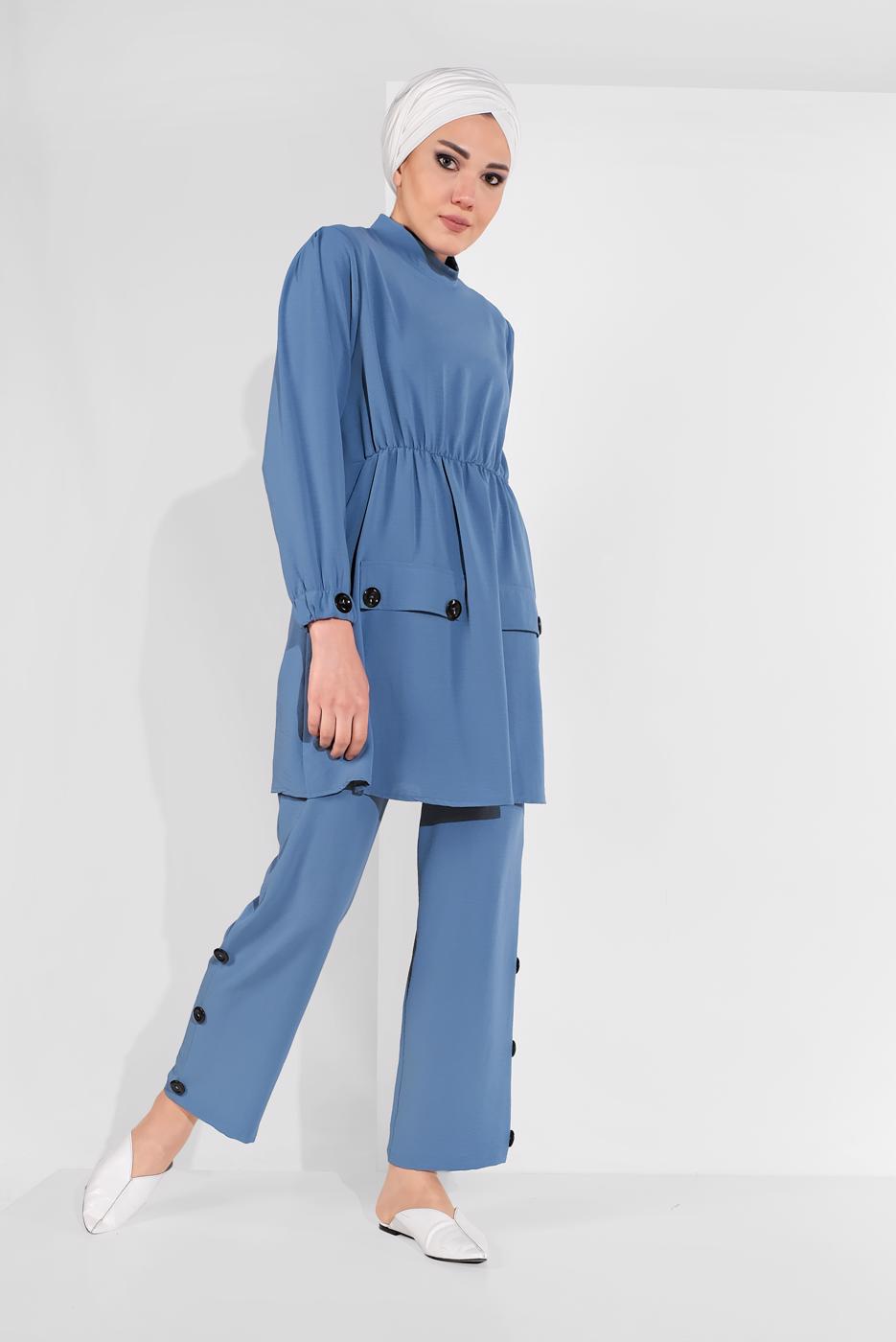 Tesettür giyim LACİVERT DÜĞME AKSESUARLI İKİLİ PANTOLONLU TAKIM 0707