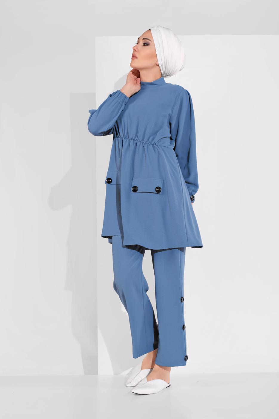 Tesettür giyim LACİVERT DÜĞME AKSESUARLI İKİLİ PANTOLONLU TAKIM 0707