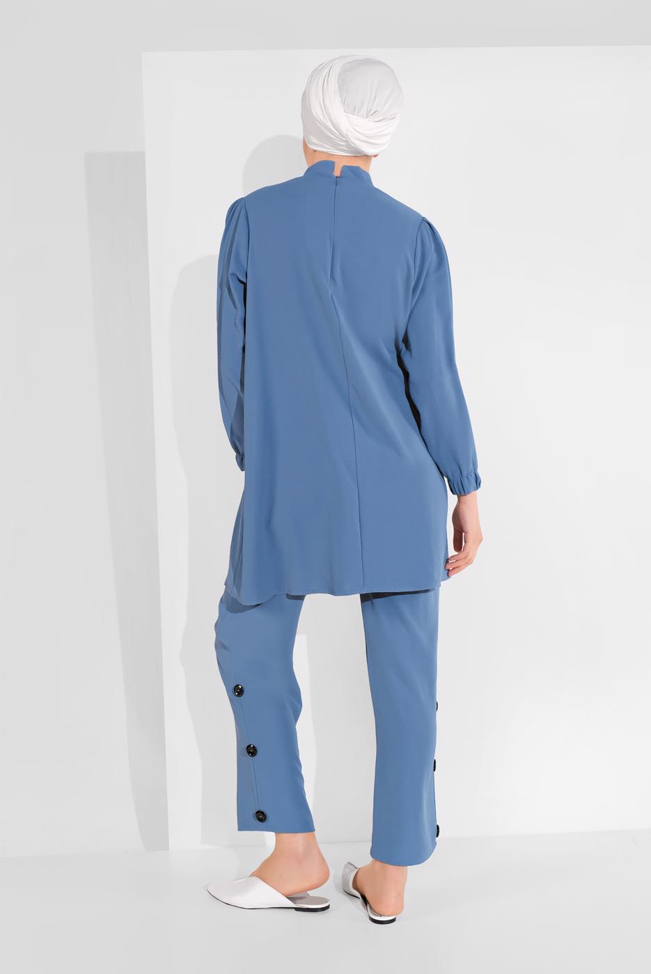 Tesettür giyim LACİVERT DÜĞME AKSESUARLI İKİLİ PANTOLONLU TAKIM 0707