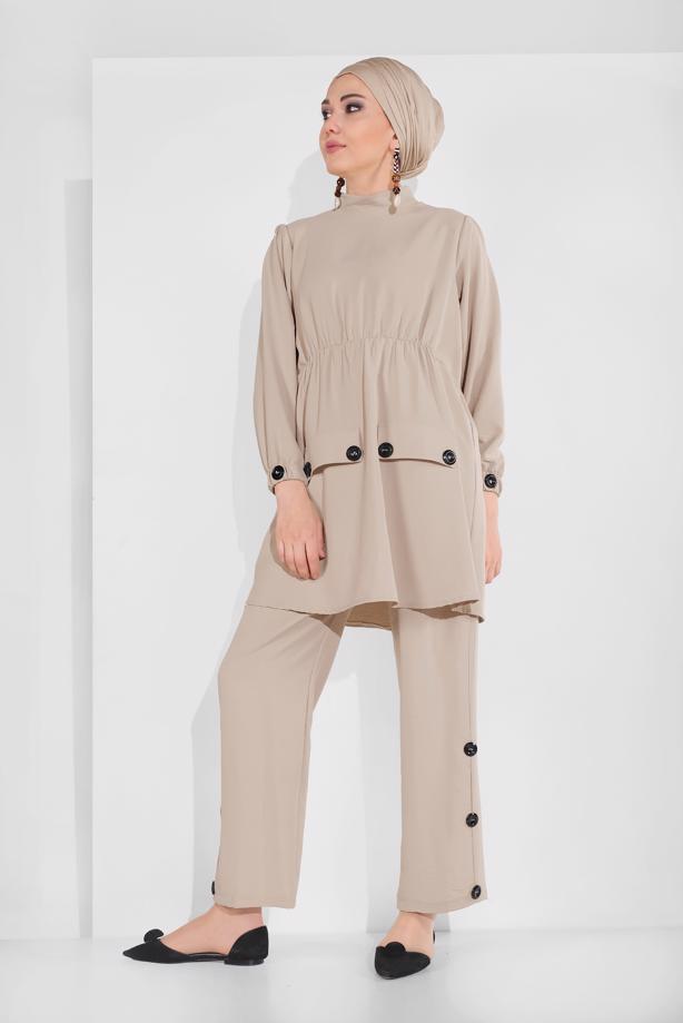 Hijab-Kleidung  DÜĞME AKSESUARLI 2&prime;Lİ PANTOLONLU TAKIM 0707 - TRENDTESETTÜR