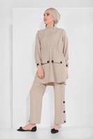 Tesettür giyim BEJ DÜĞME AKSESUARLI İKİLİ PANTOLONLU TAKIM 0707
